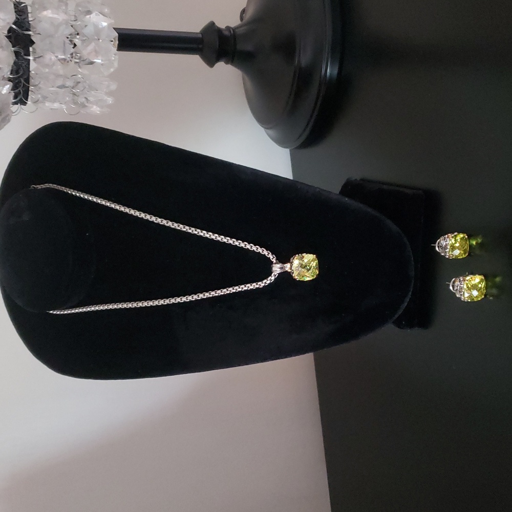 Lime Green Citrine CZ Crystal Diamond Cut Necklace & Pierced Stud Earrings Set